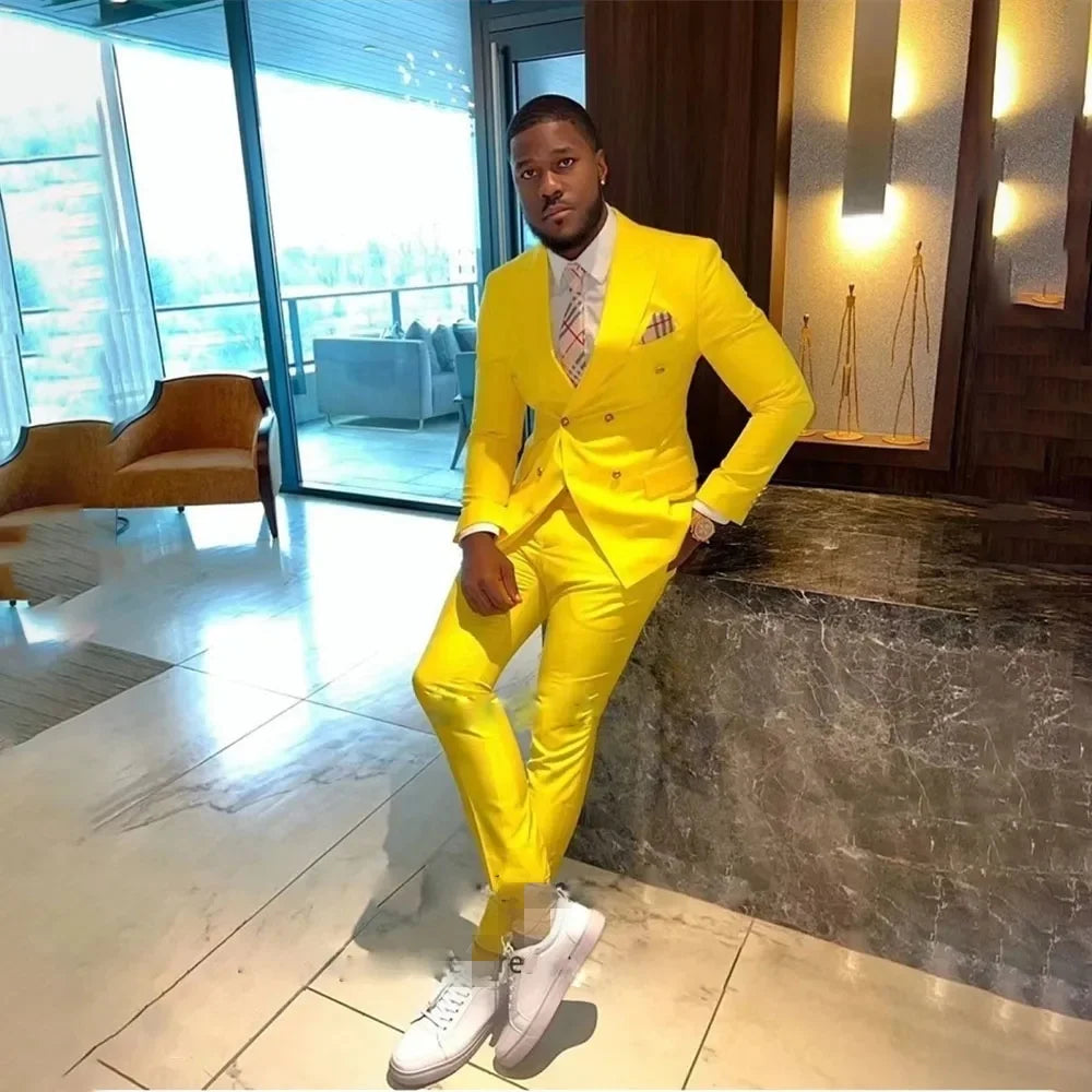 Yellow Mens Suits Double Breasted Wedding Tuxedos Slim Fit Two Pieces Set(Jacket+Pant) Formal Banquet Suit Groom Wears
