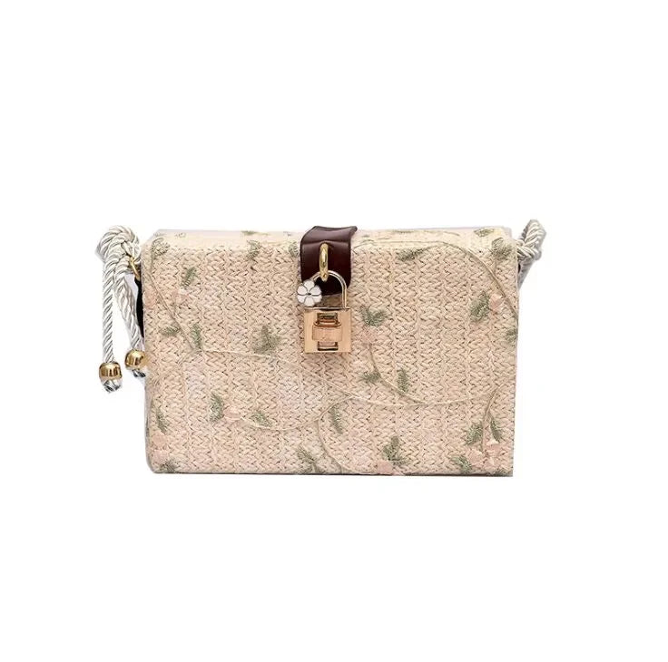 Summer Women's Bohemian Chic Woven Shoulder Bag Bali Inspired Beach Rattan Straw Metal Chain Handmade Cover Closure Recycled