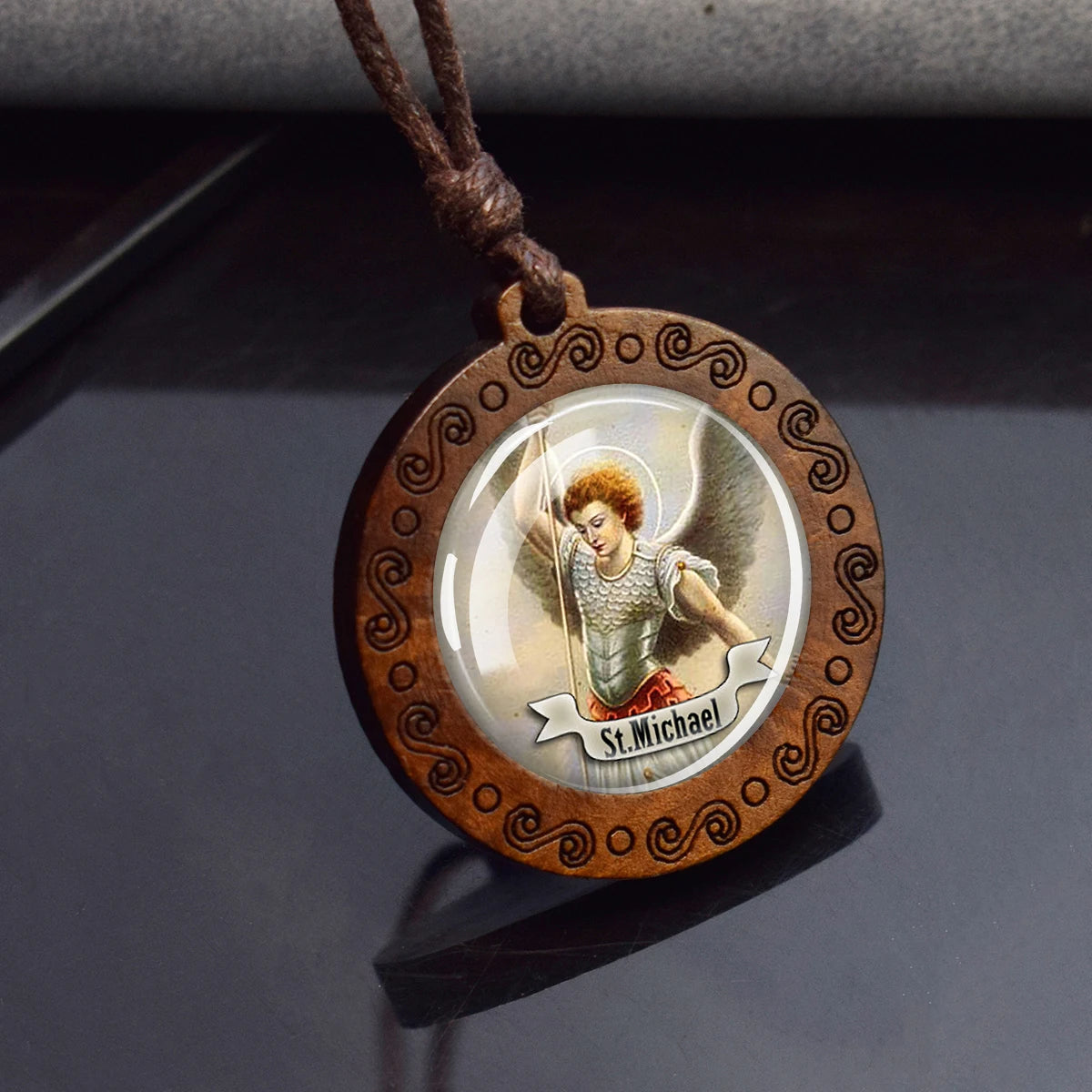 12 Saints Portrait Jewelry St.Michael Retro Brown Wooden Pendant Hand Woven Rope Necklace