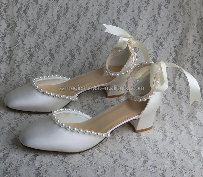 Customized Pearl Women Chunky Heel Shoes Wedding