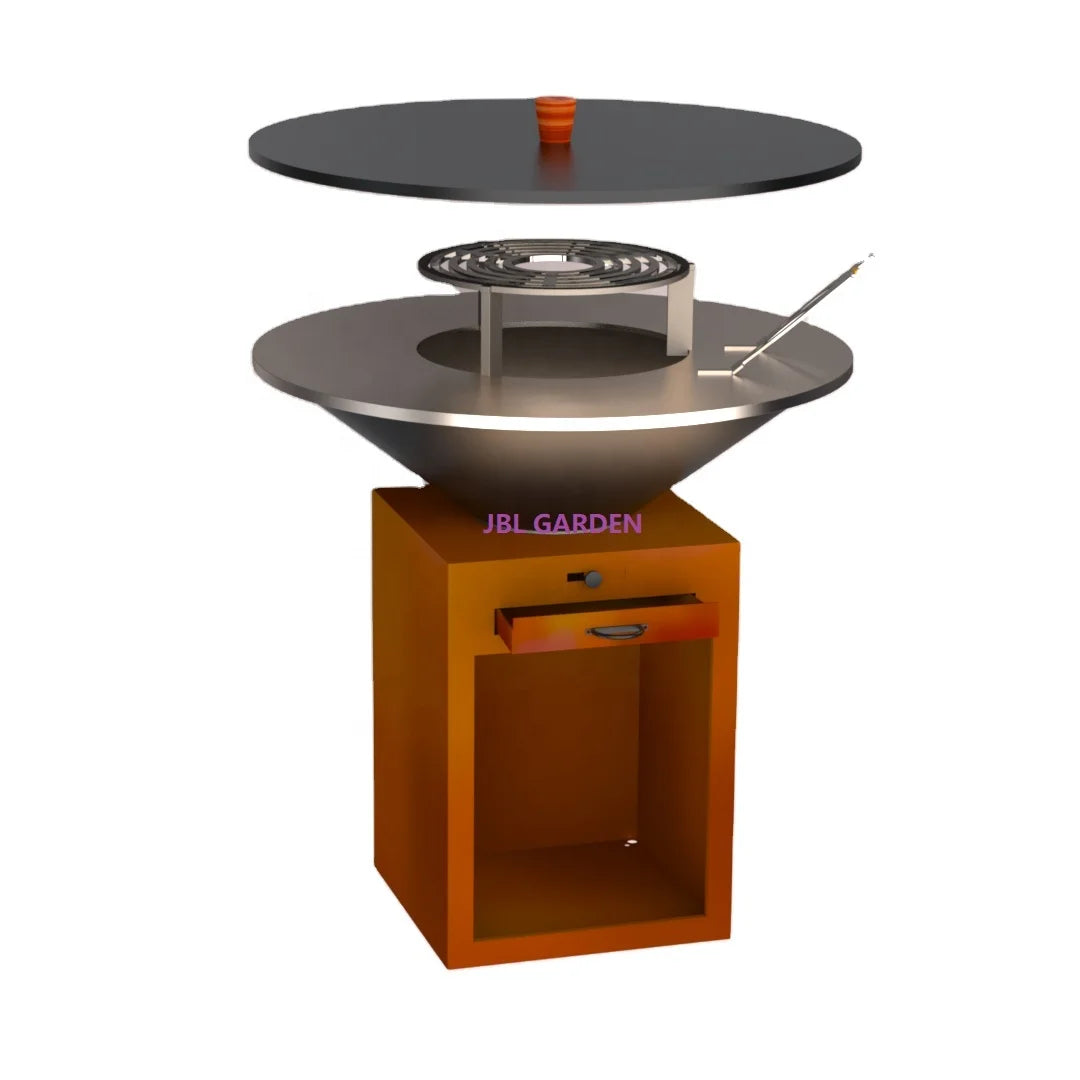 Corten Metal BBQ Stove with Grill Table Wood Charcoal BBQ