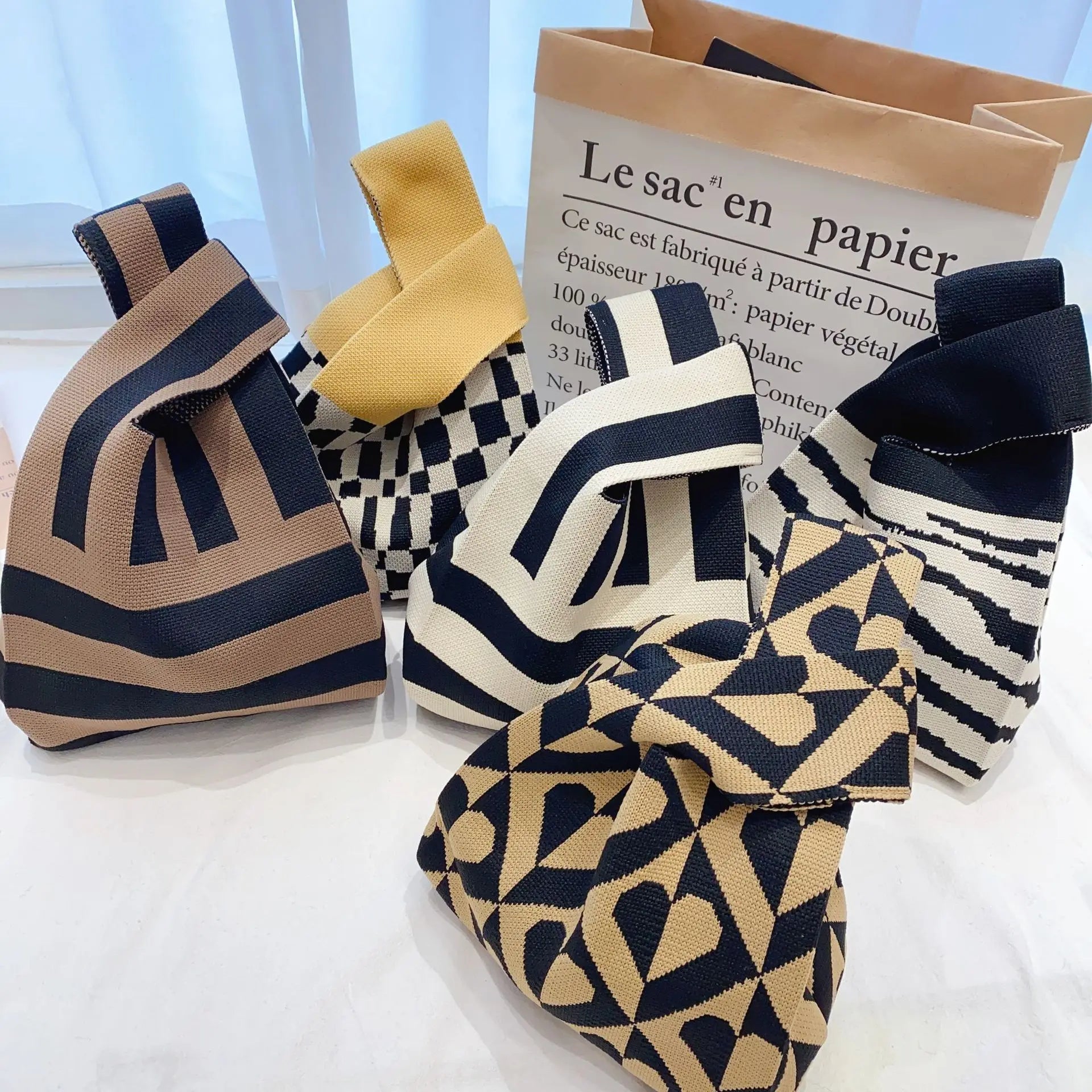 Fashion Vintage Knitted Hand Bag Colorful Cotton Thread Women's Tote Bags Shoulder Bag Mini Handbag