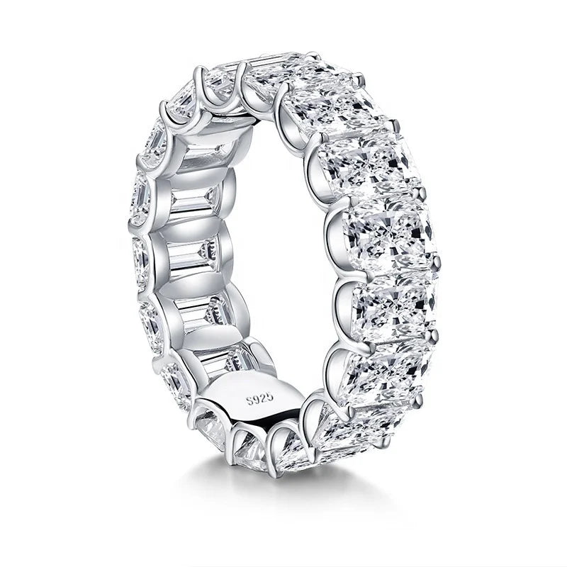 925 Sterling Silver Full of CZ Diamond U Prong Setting Emerald Cut Eterning Ring