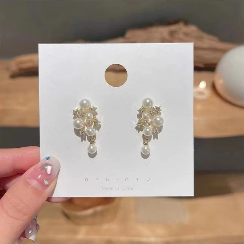 GT Pearl Earring Needle Flower Copper Earrings Zircon Stud Earrings for Women