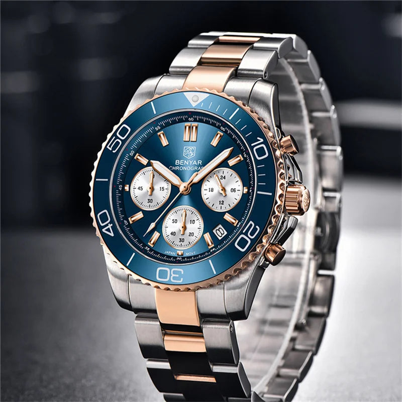 BENYAR 2022 New Mens Watches Top Brand Luxury Quartz Wristwatch Sport Stainless Steel Sapphire Glass Luminous Clock Reloj Hombre