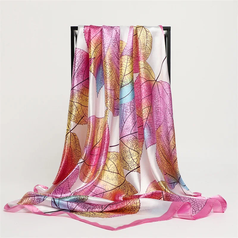 New Arrival Imitated Silk Satin Silk Scarf Fashion Gradient Leaf Print 90 * 90 square Scarf Milk Silk Shawl