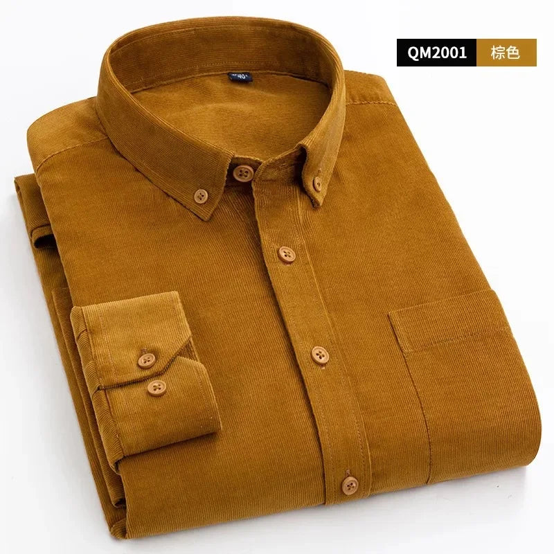 Spring and Autumn Pure Cotton Corduroy Shirt Men's Casual Shirt Embroidery LOGO Men's Clothing Wholesale