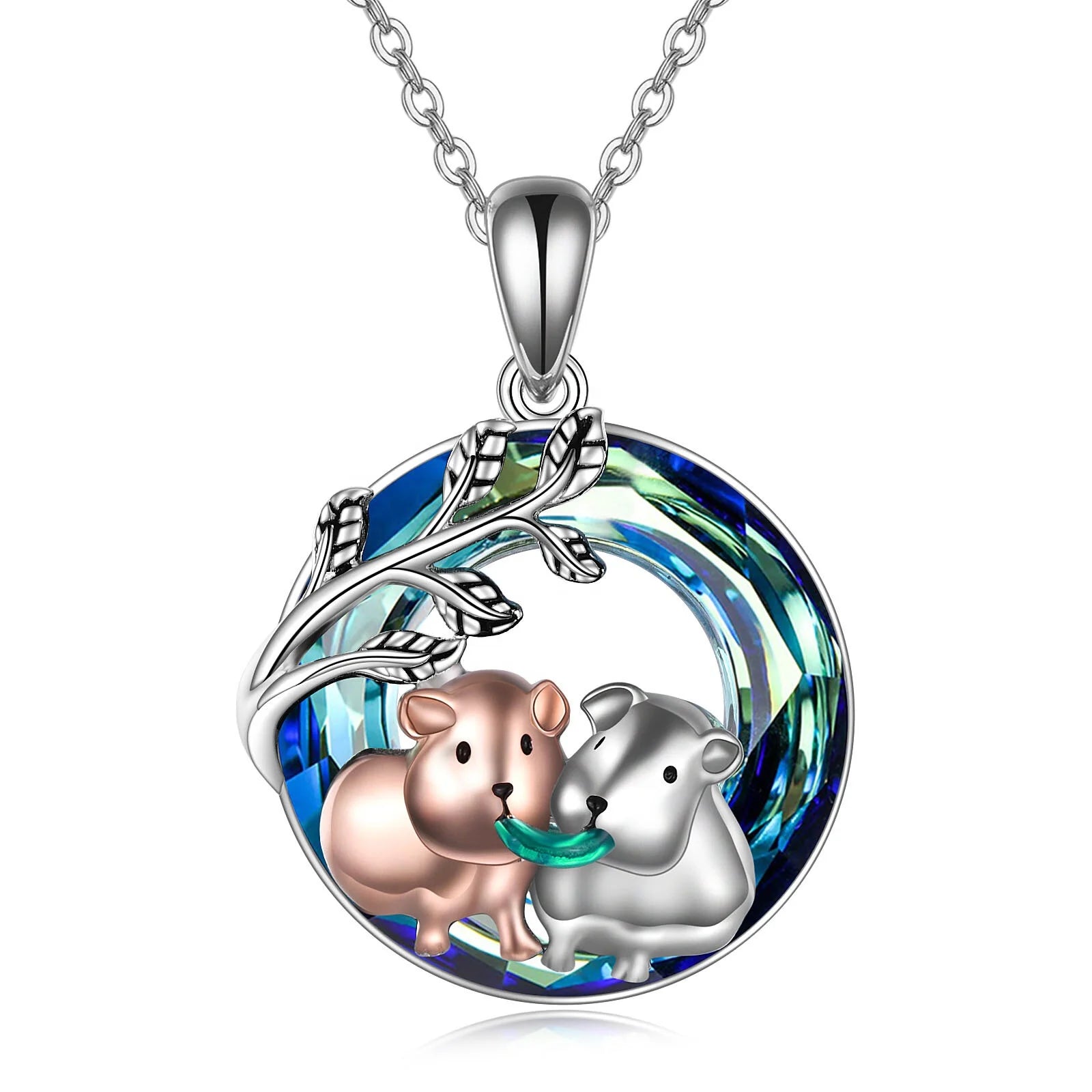 Wholesale Animal Jewelry 925 Sterling Silver Two Tone Plated Cute Guinea Pig Crystal Necklace