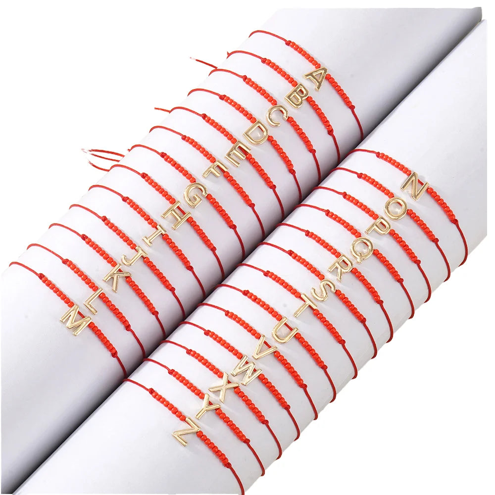 Go2boho Red String Initial Letter Charm Bracelet Adjustable Handmade Jewelry Personalized A-Z Gift for Women Friends Couples