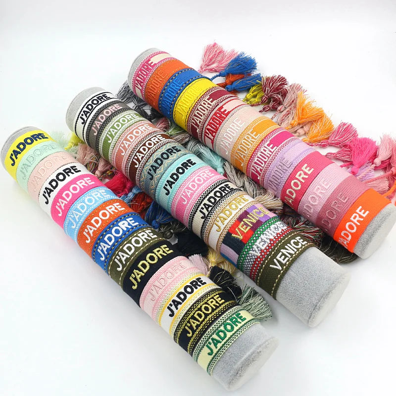 Golden Thread Embroidered LOVE Woven Webbing Tassel Bracelet Fashionable Friendship Wristbands