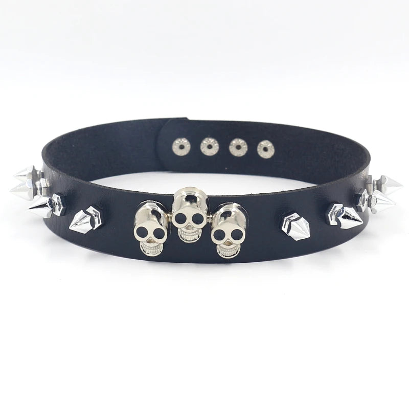 Gothic Chokers Necklaces Skull Geometric Rivet Black PU Leather Short Necklace