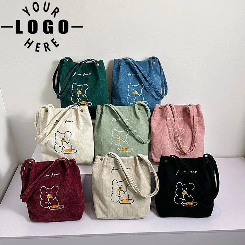 Custom Corduroy Tote Bag Large Capacity Women Shoulder Bag Cartoon Bear Ladies Casual Handbag Reusable Shopping Bags