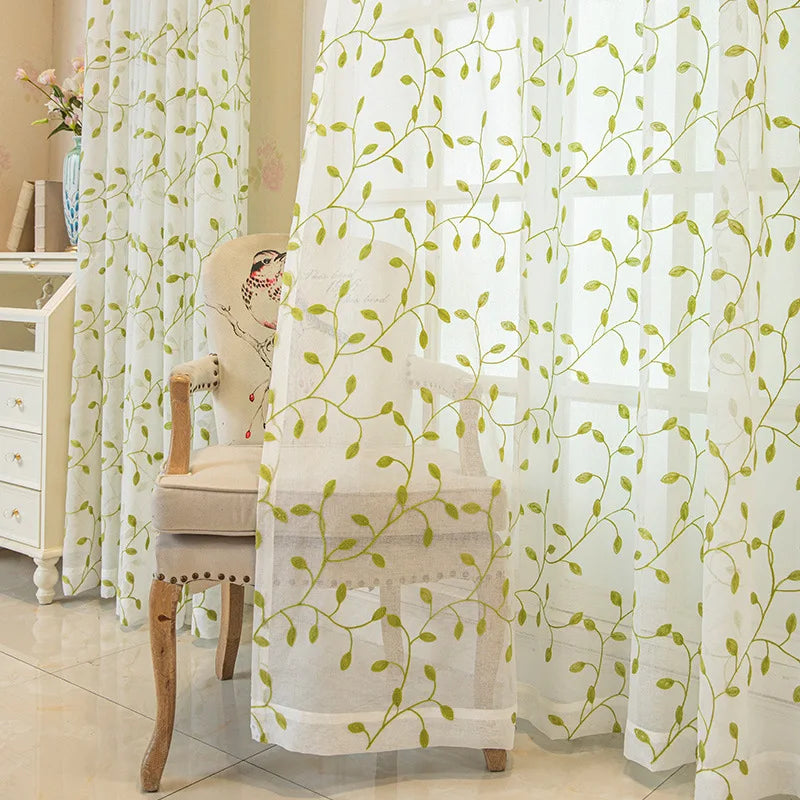 Green Leaf Voile Sheer Curtains for Living Room and Bedroom  White Linen Sheer Curtain Embroidered With Green Leaf Pattern