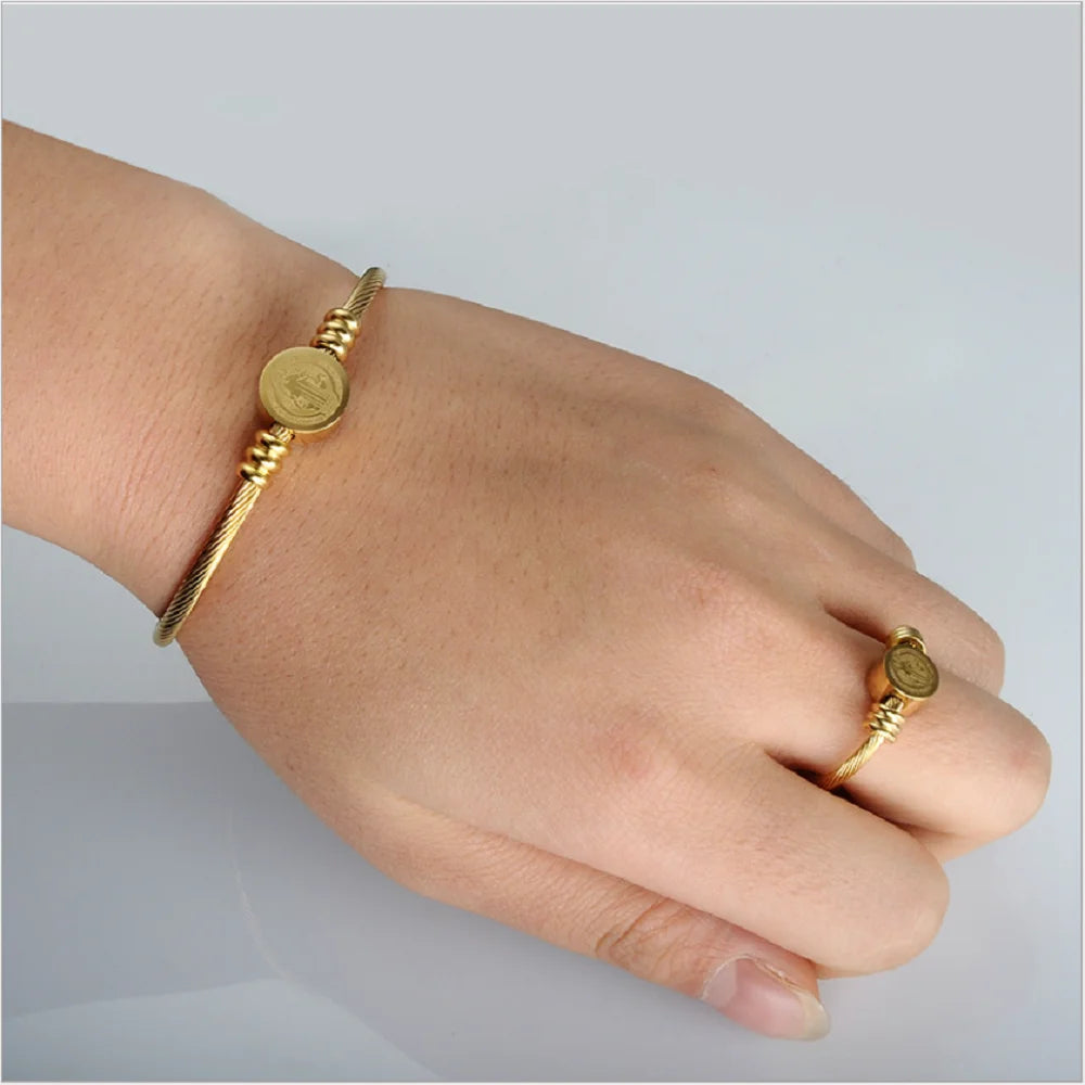 Fashion Stainless Steel Religion Catholicism Jewelry Charm Adjustable Open Men Ring Bracelet Saint Benedict Jewellery Set