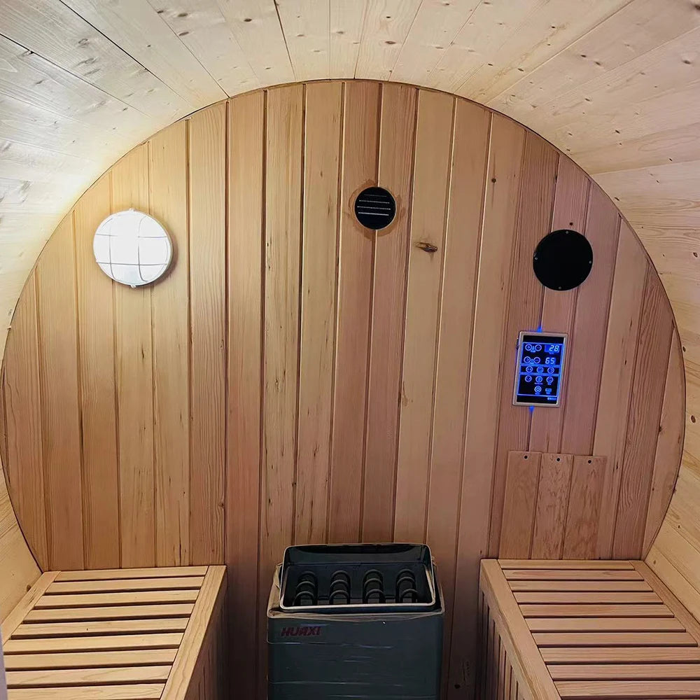 Enjoy Modern Red Cedar Barrel Outdoor Sauna Room with Solar Powered Dry Sauna Eco-Friendly Design for 4-6 Persons