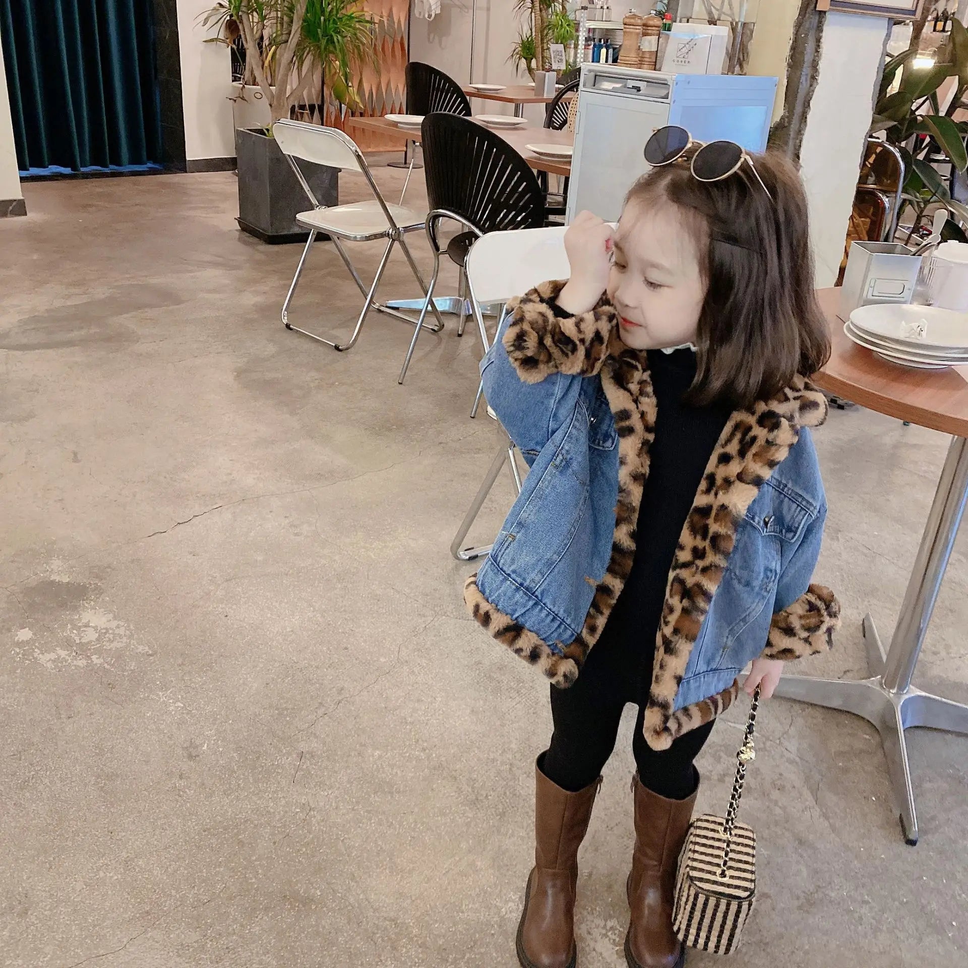 2021 Winter Leopard Denim Puffer Jacket for Girls Kid's Short Length Snow Coat Mink Fur Plaid Pattern Fashionable Jean Jacket