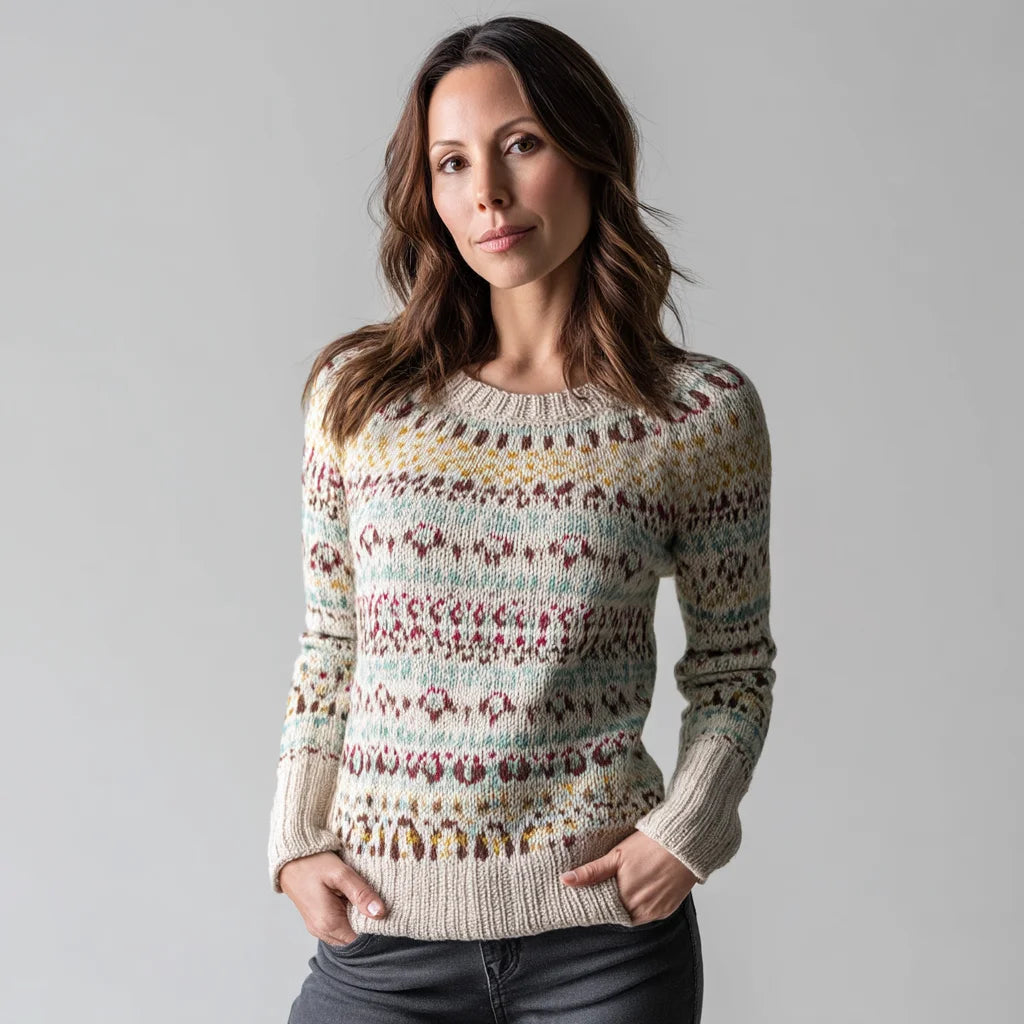 Women's Spring Lightweight Fair Isle Knit Pullover Single-Breasted Crewneck Sweater Floral Stripe Pastel Top