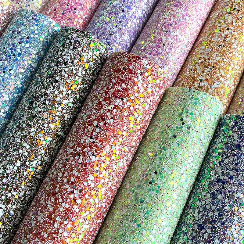 PU Faux Leather Roll Fabric with Reflective Sequins Chunky Glitter Various Colors for Shoe Hair Bow Bag Furniture Decorative Use