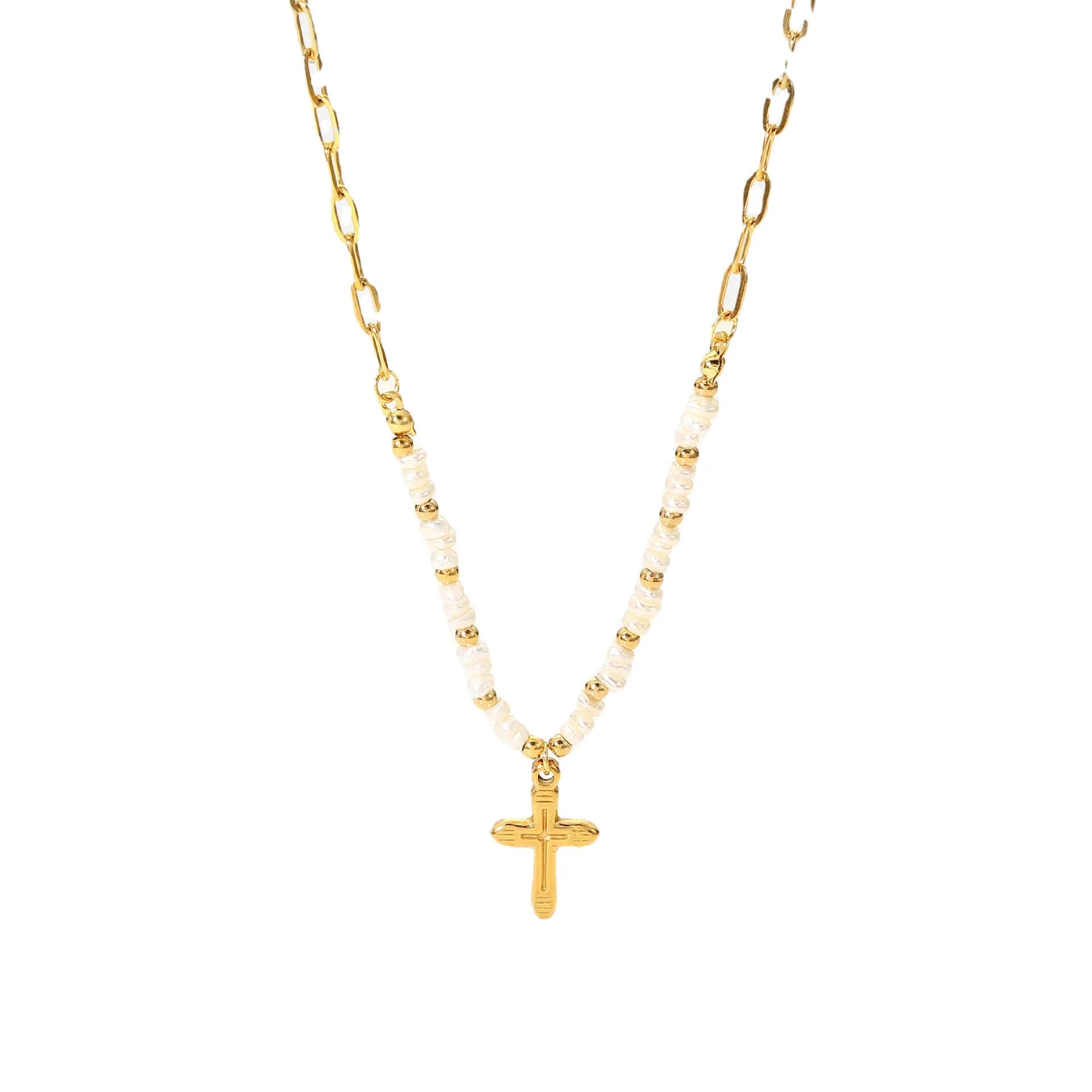 18K Gold Stainless Steel Pendant Necklace Jewelry Natural Freshwater Pearl Rice Beads Patchwork Cross Necklace for Women