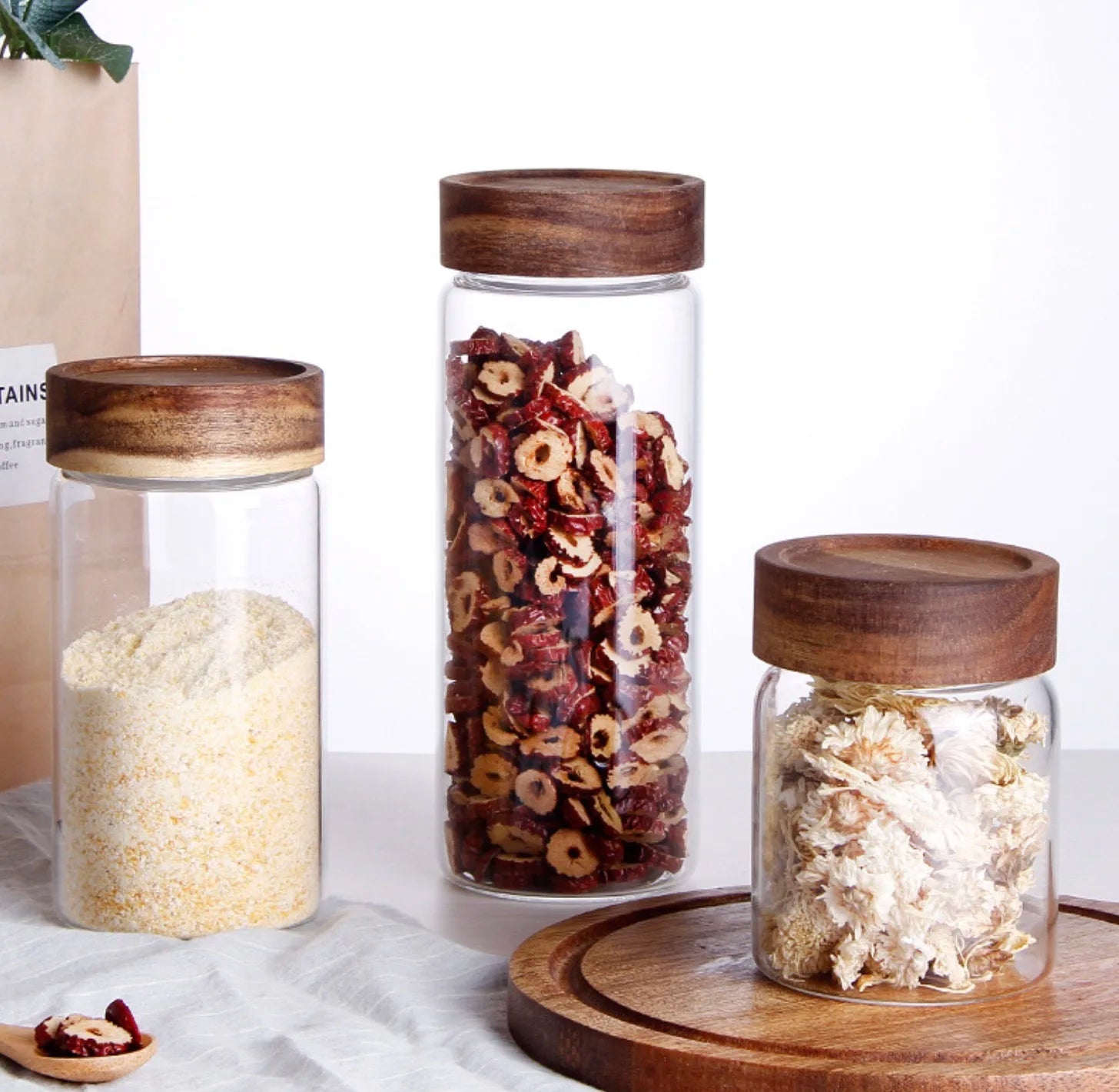Small Middle Large High Borosilicate Health Glass Tea & Coffee Storage Bottles Kitchen Storage with Wood & PC Screw Lid