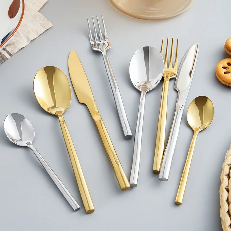 Wholesale Bulk 4 PCS Silver Gold Plated Modern Flatware Custom Spoon Fork and Knife Stainless Steel Cutlery Set