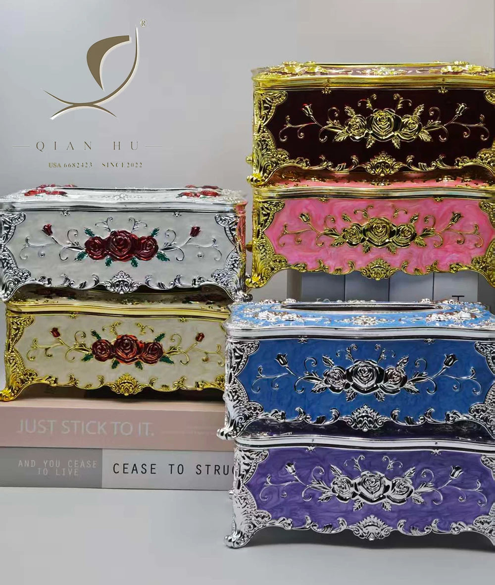 QIAN HU Luxury Retro Design Multicolor Plastic Facial Tissue Box Holder Waterproof Napkin Storage Cover Home Decor Stocked