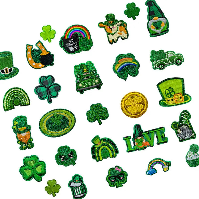 Iron on Embroidery Glitter Edge Patrick Day Green Patch  for Clothes Hat Decoration