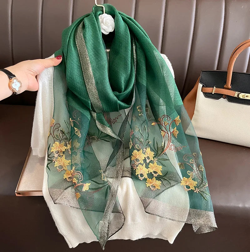 High Quality Premium Embroidery Silk Blend Scarves Ready to Ship Elegant Embroidered Flower Pattern Silk Organza Shawls Women