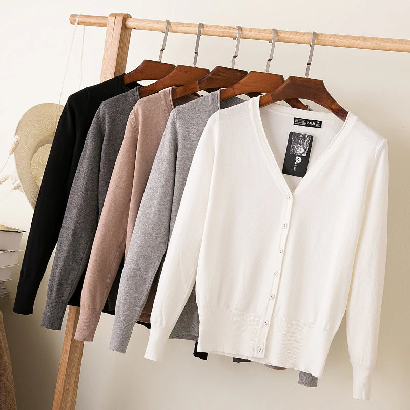 Women's Casual Cardigan Sweater with Button V-Neck Long Sleeve Thin Knitted Black and White for Autumn