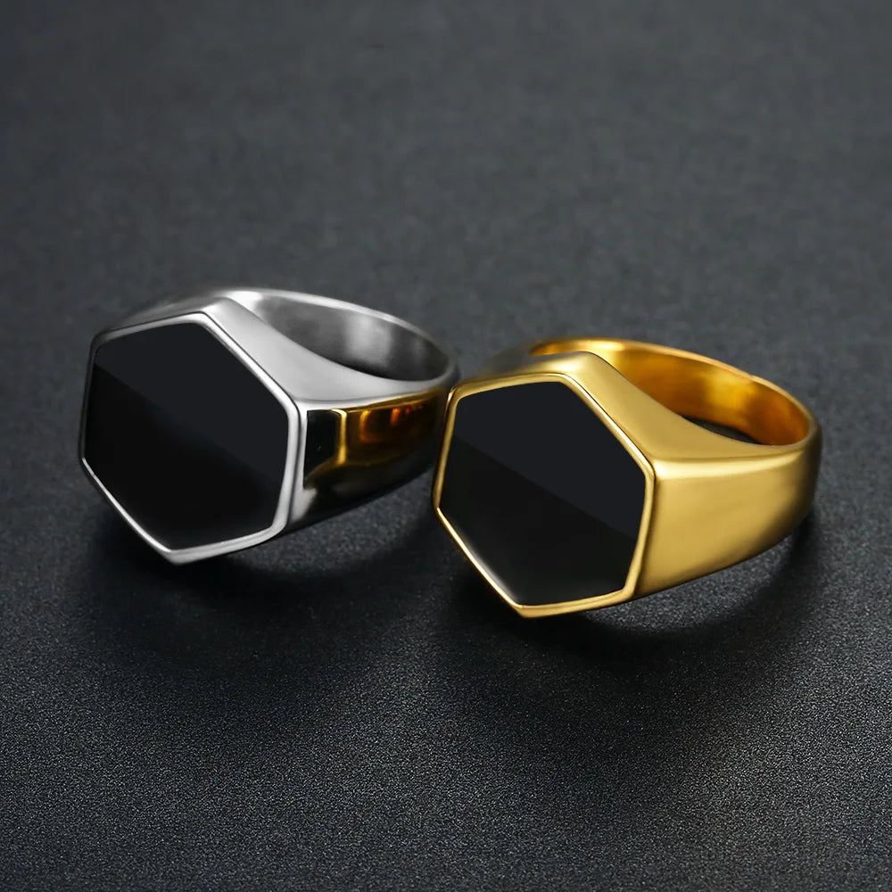 Non Tarnish Jewelry Plain Statement Wedding Band Titanium Black Epoxy Irregular Hexagon Ring Men's Stainless Steel Signet Ring