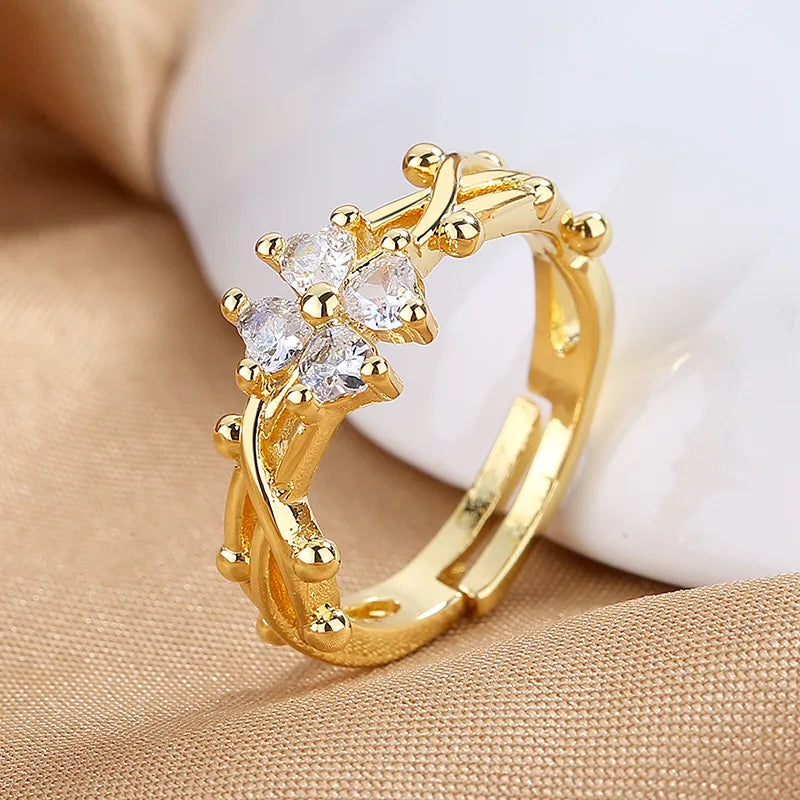2023 New Arrival Four-leaf Clover Opening Adjustable Ring Luxury Personality Brass Zircon Ring for Women and Girls