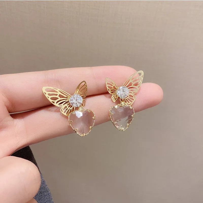 Fashion Double Butterfly Gold Earrings Heart Zircon Stud Earring Statement Korean Trendy Real Gold Plated Ear Jewelry