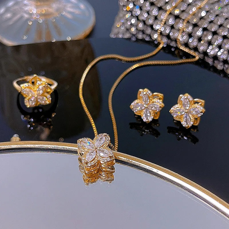 Clover Stainless Steel Zircon Rotatable Jewelry Set