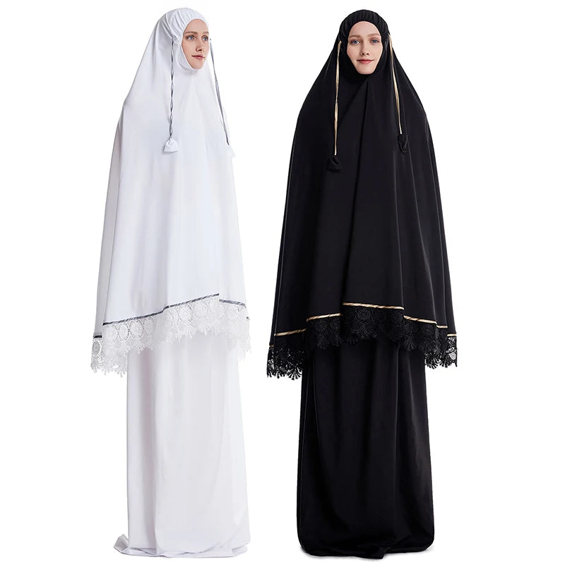 Traditional Modest for Jilbab Abaya Muslim Dress Solid Color Burqa Khimar for Jilbab 2-Piece Set Plus Size for Eid Prayer Abaya
