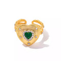 New Arrival 18K Gold Plated Brass Texture Heart Ring Jewelry Green Zircon Paved Heart Open Ring Gift