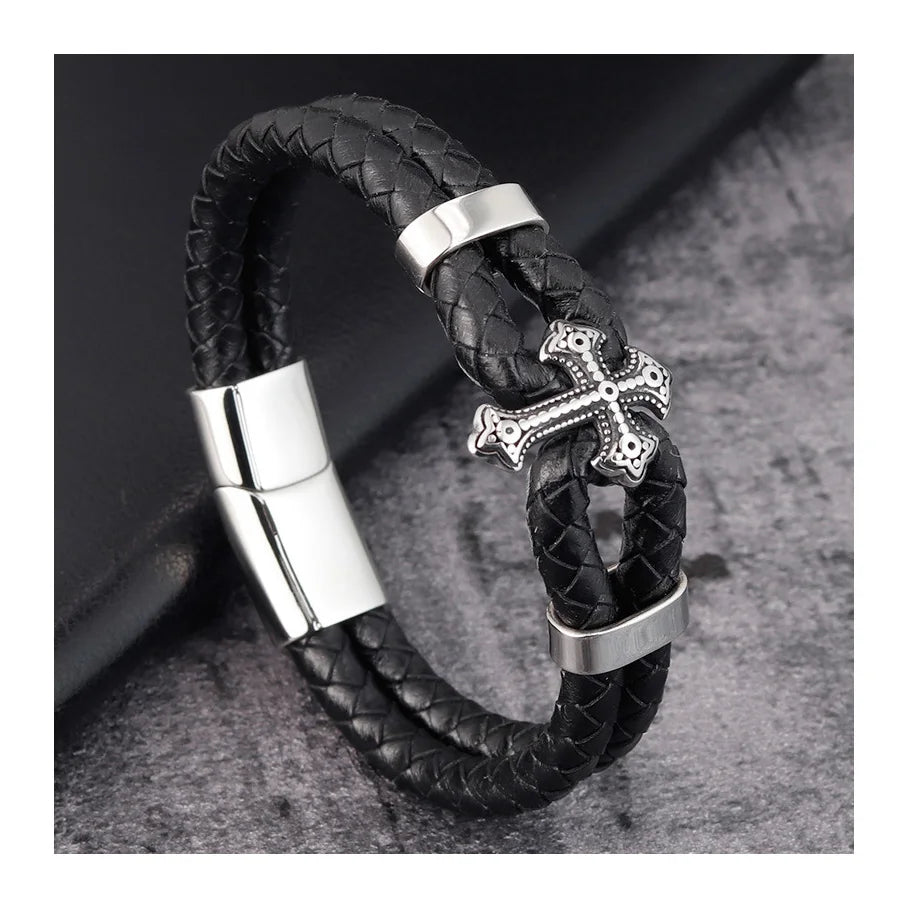 Newest High Quality Multy-Layer Braided Leather 316L Cross Jewelry Christian Men Genuine Leather Magnetic Clasp Bracelet