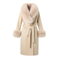 Jancoco New Arrival Detachable Fox Fur Collar Cuff Cashmere Woolen Coat Women Double Breasted Wool Trench Coats with Belt
