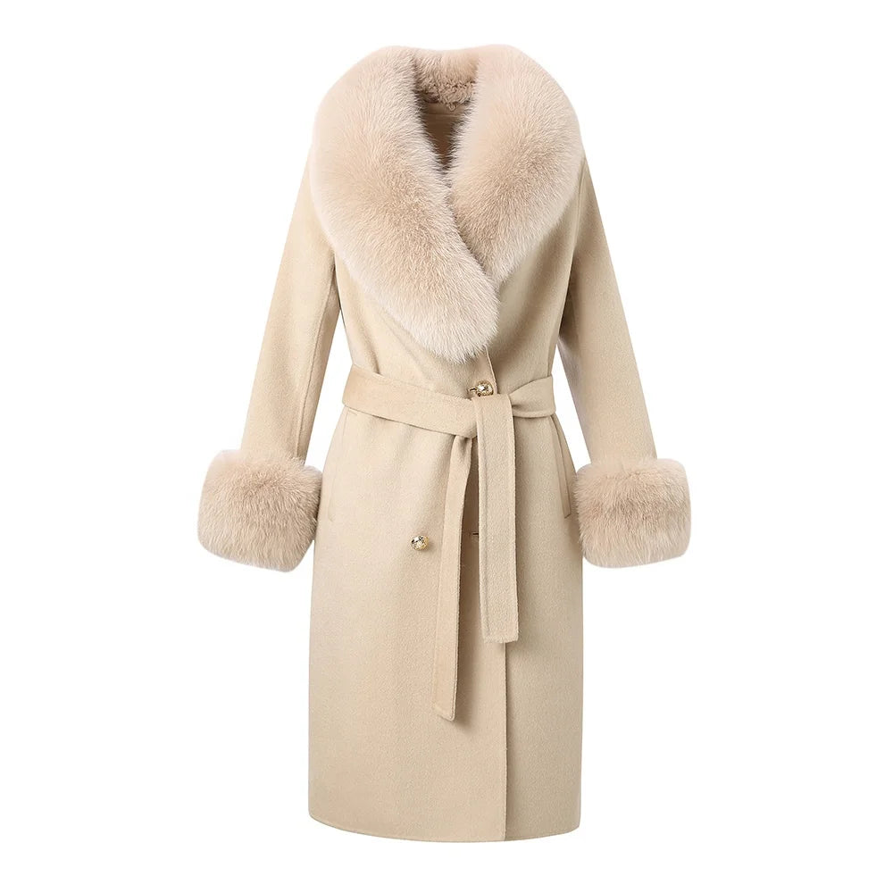 Jancoco New Arrival Detachable Fox Fur Collar Cuff Cashmere Woolen Coat Women Double Breasted Wool Trench Coats with Belt