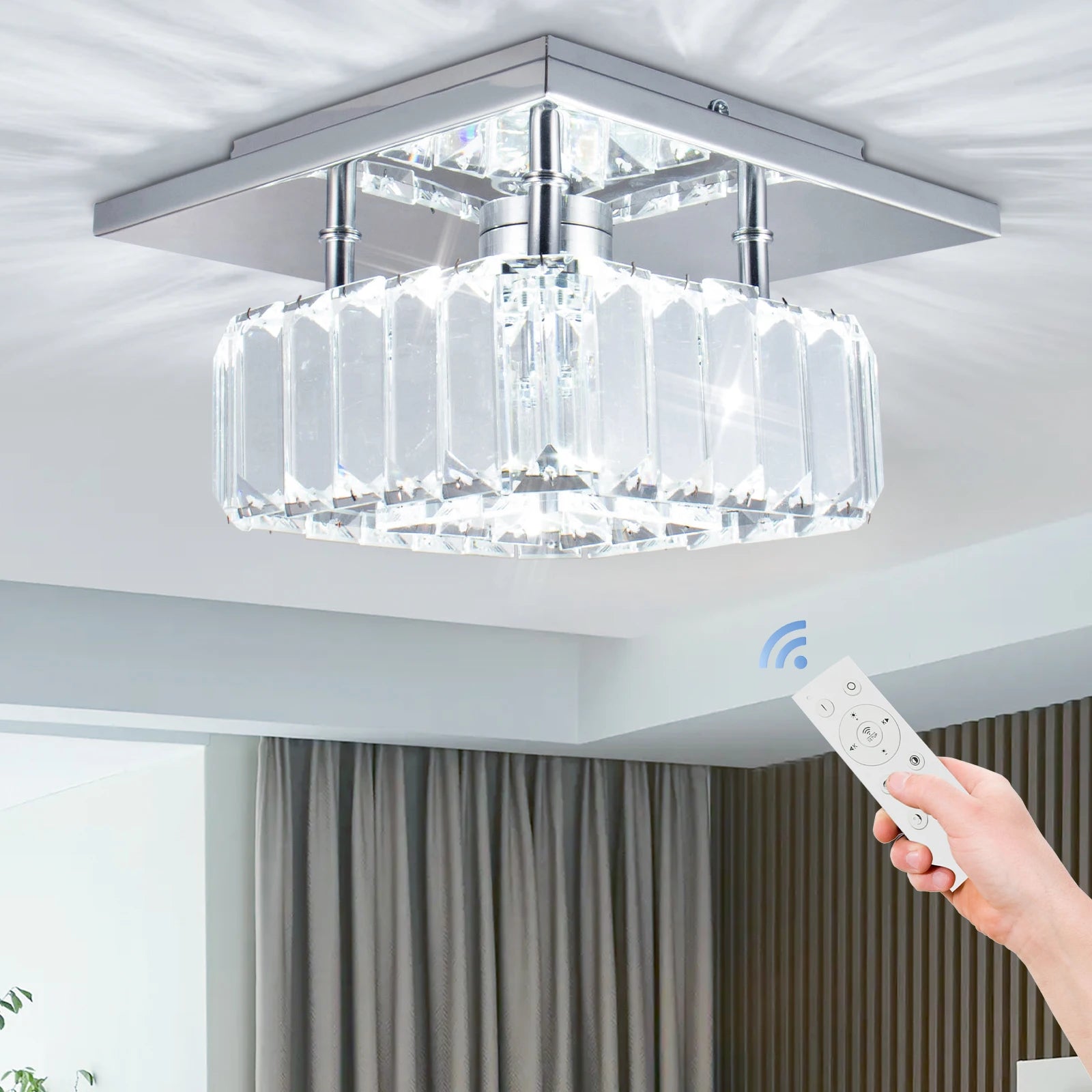 Luxury Hotel LED Ceiling Light Small Square Nordic Design for Luxury Living Room Crystal Drop Luxury Style with Remote