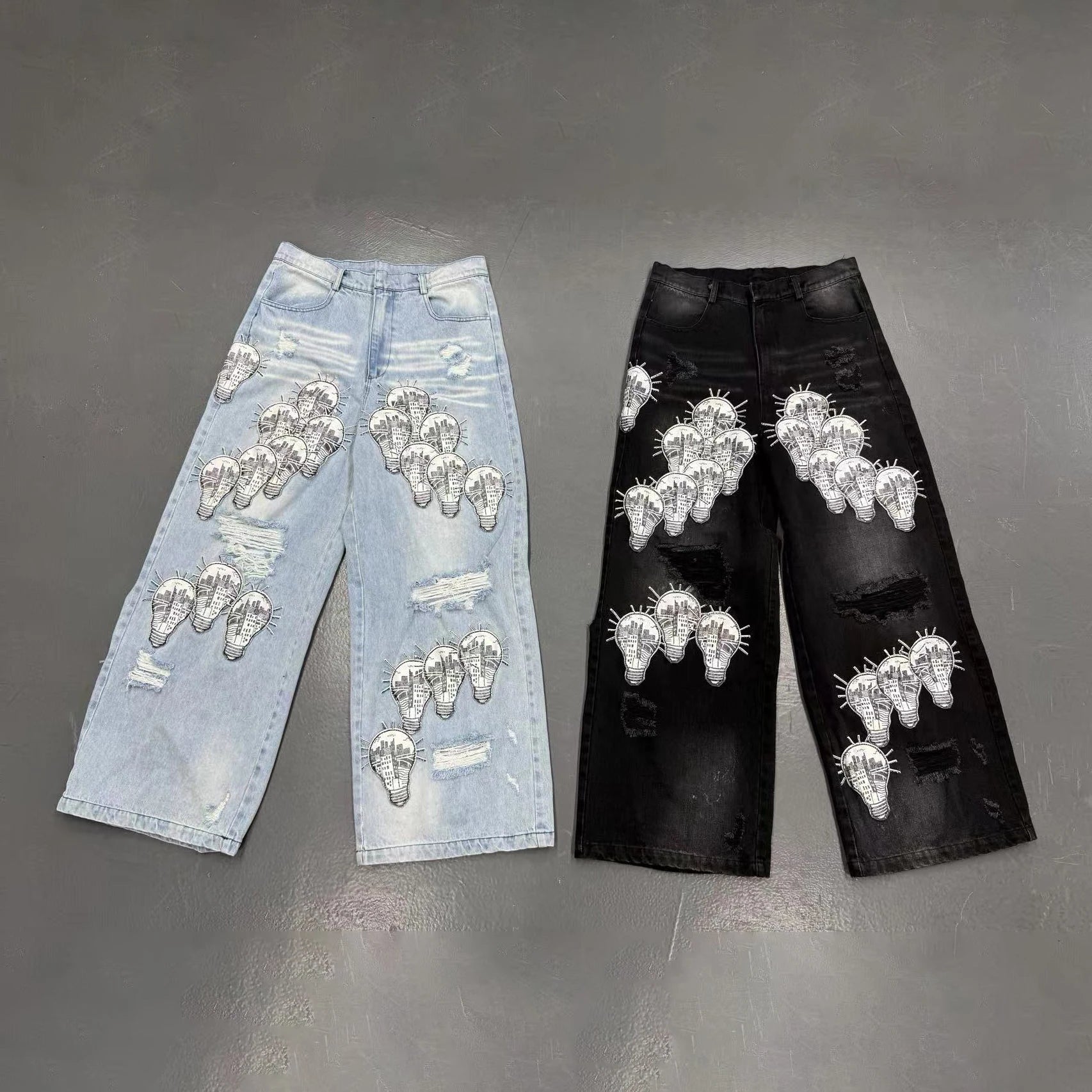 Custom logo Embroidered Jeans Straight Leg Cotton Elastic Denim Pants Embroidery Jeans Pants for Men