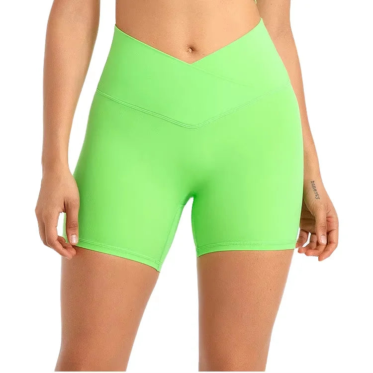 Women's Seamless Knitted Breathable Solid Color Cross Waist Peach Hip Yoga Shorts Running Fitness Three-point Pants