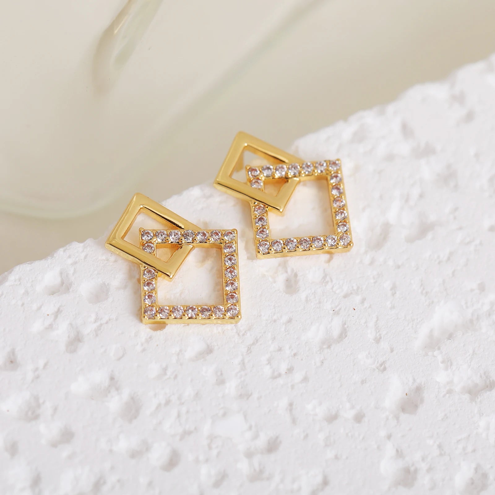 New Gold Plated Women's Cubic Zirconia Earrings Personalized Geometric Irregular Double Diamond for Anniversaries