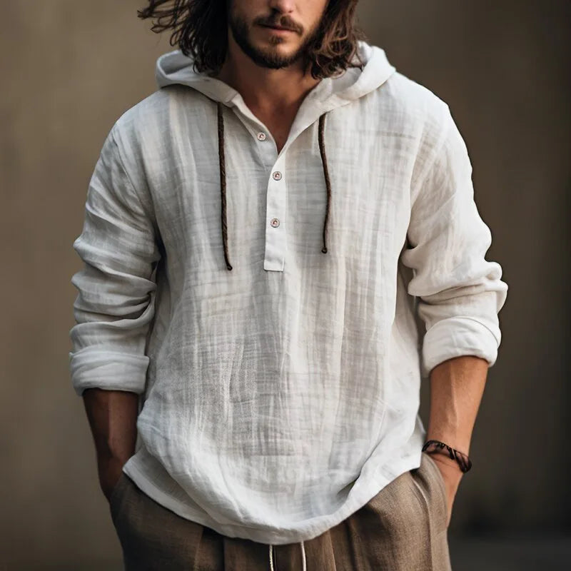 Autumn Spring Fashion Selling Long Sleeve Blank Hoodie Linen Shirt for Men Casual Hooded Linen Shirt