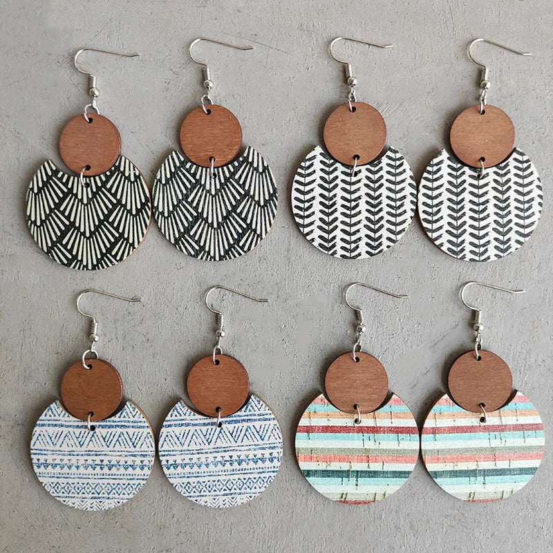 Boho New Women's Geometric Round Panel Earrings Vintage Handmade Printed Striped Leaf Wood Pendant Earrings