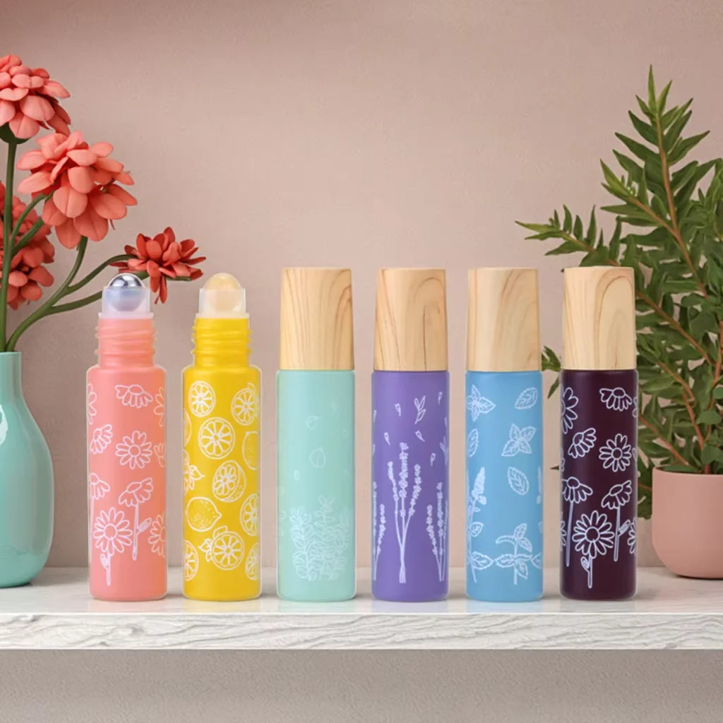 Ninety-nine Matte Glass Essential Oils Bottle 10ml Macaron-Colored Floral Design Cylinder Shape Roller Wood-Imitated Plastic Cap