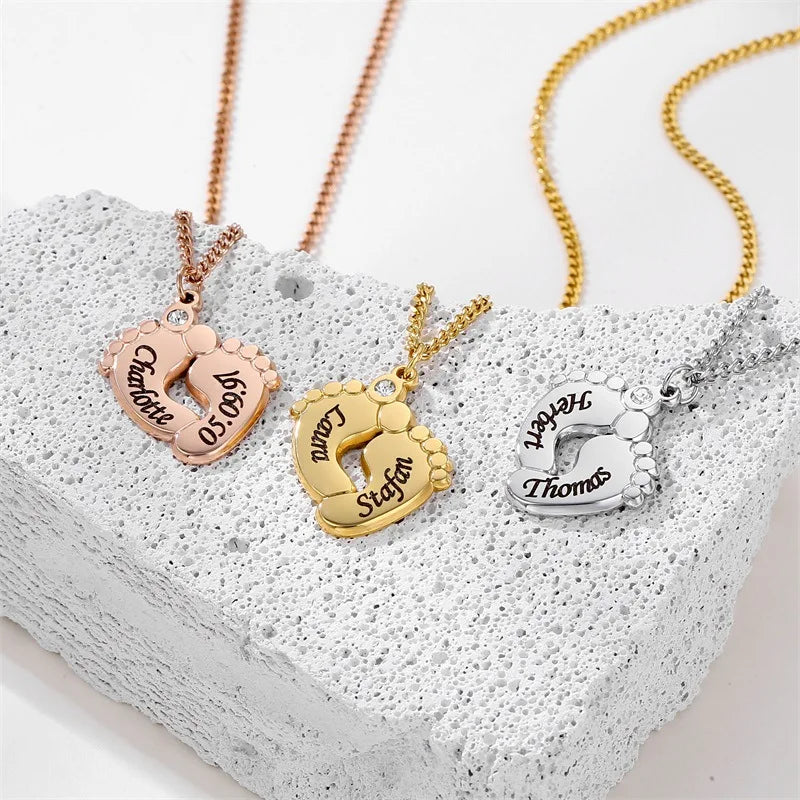 New Fashion Cute Foot Pendant Necklace With Crystal Zircon Custom Name Gold Plated Stainless Steel Necklace
