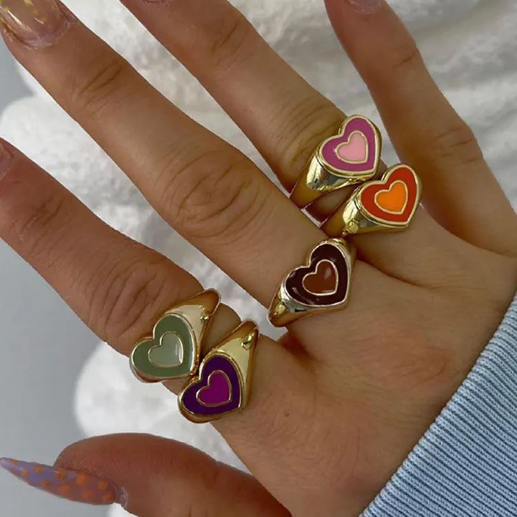 SC Friendship Stackable Y2K Finger Rings Jewelry Women Statement Gold Plated Signet Chunky Rings Drip Oil Pink Double Heart Ring