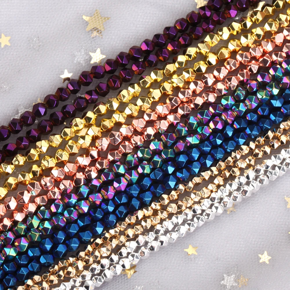 2/3/4mm Natural Stone Beads Plated Golds Blue Colorful Faceted Round Hematite Loose Spacer Beads for Jewelry Making DIY Bracelet
