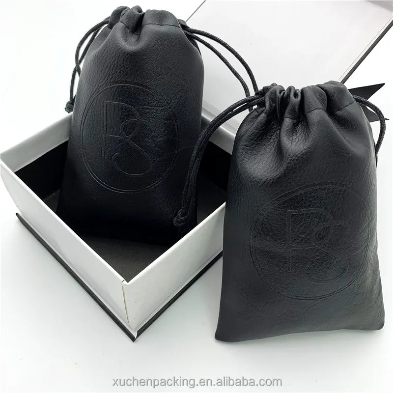 Custom Hard Black Leather Drawstring Pouch for Tools Embossed Logo Faux Leather Gift Bag