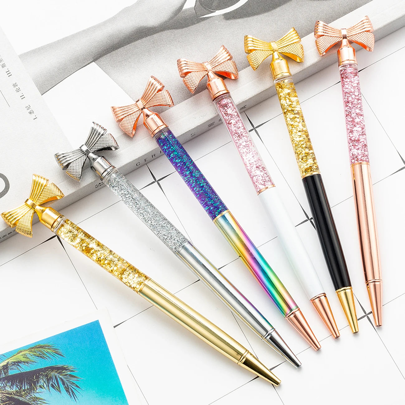New Design Butterfly Bow Glitter Pen Liqiuid Floating Gold Foil Metal Ball Pen with Promotional Gift Bow Pen With Logo